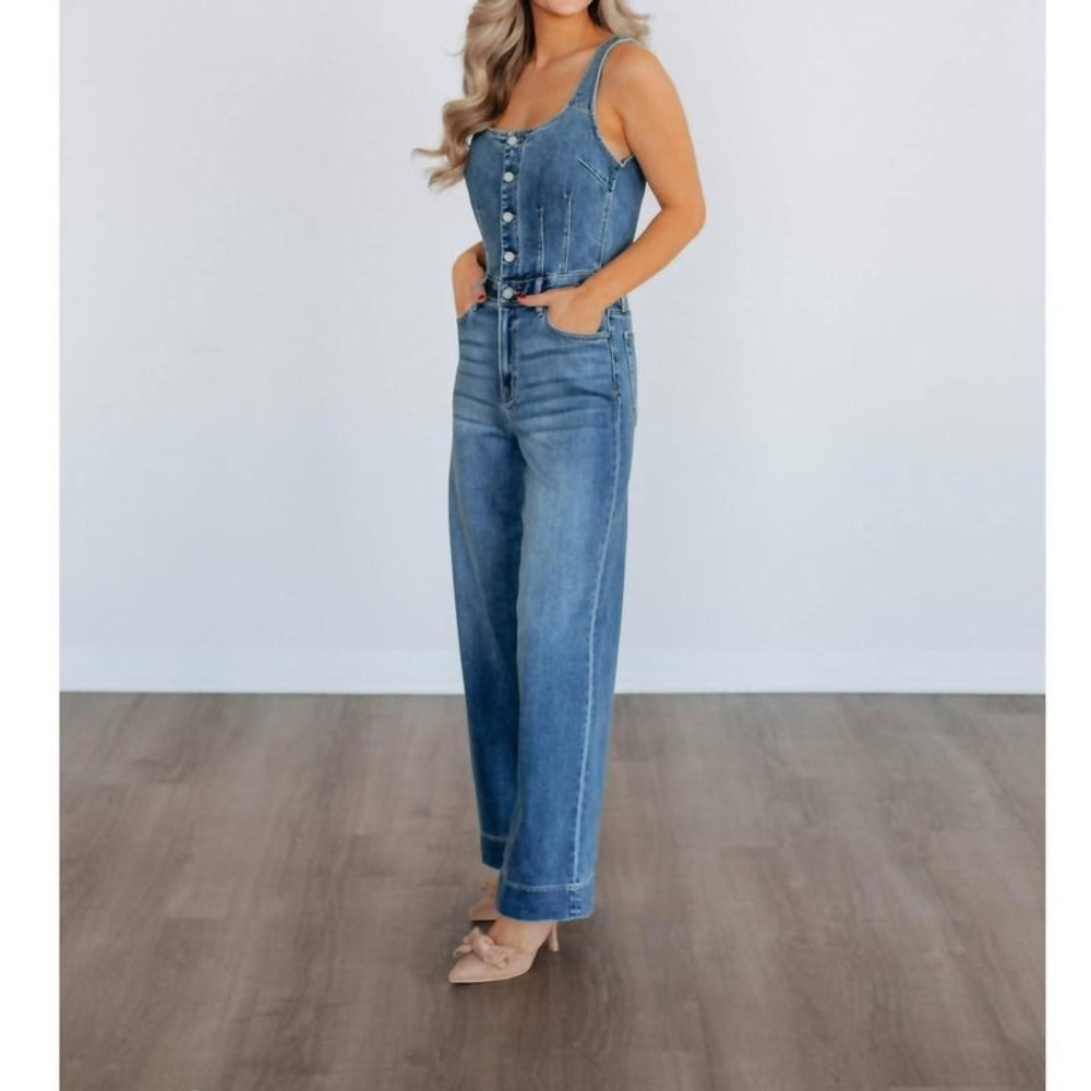High-Rise Wide Leg Denim Jumpsuit - Blue - Picture 6 of 6